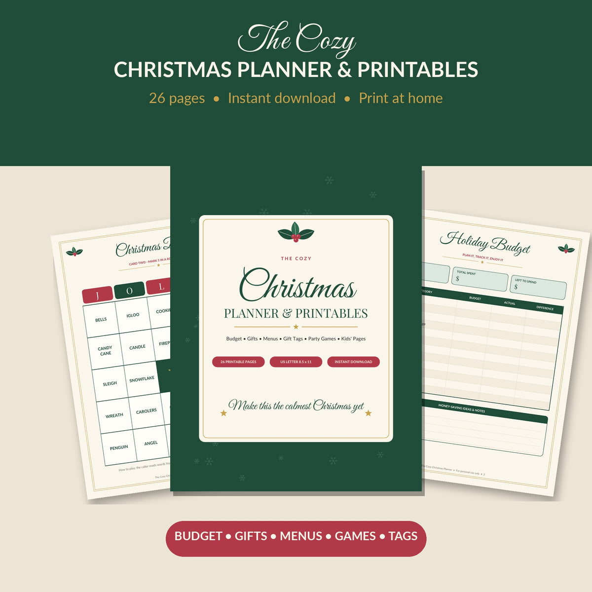 The Cozy Christmas Planner cover with sample pages