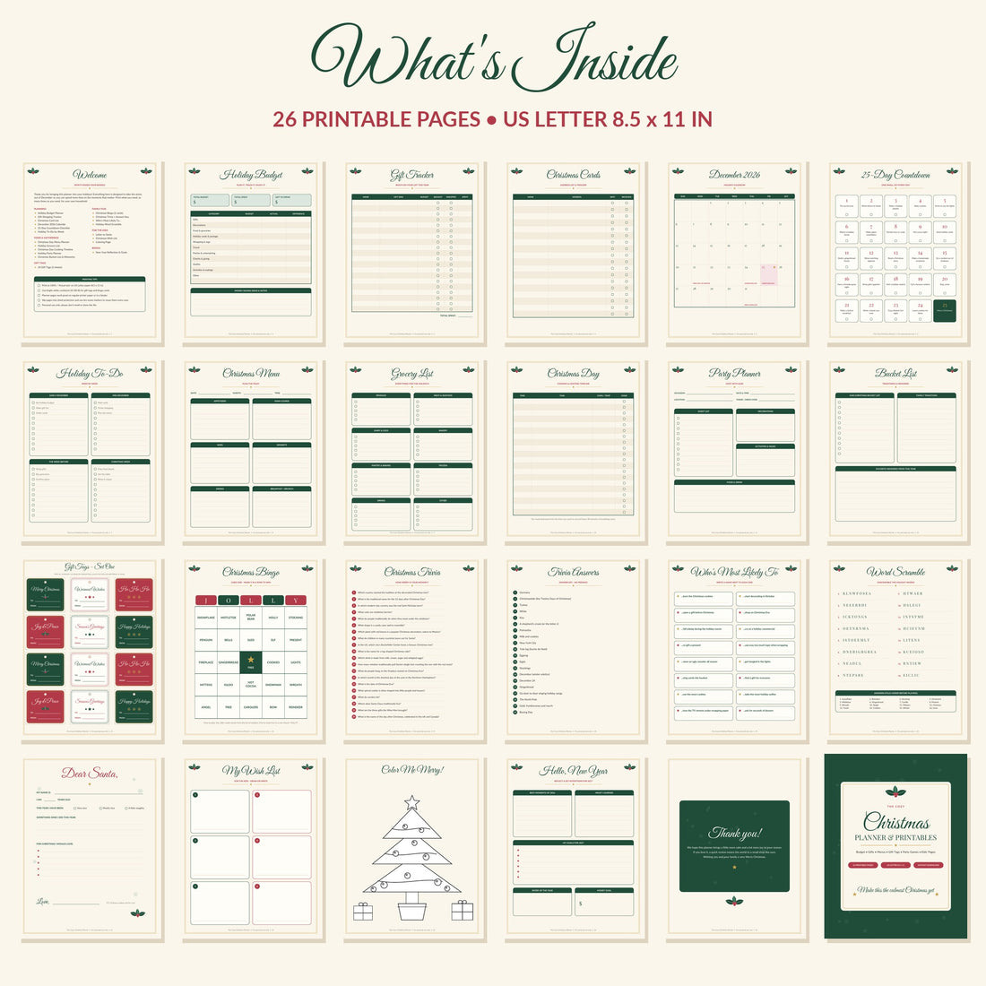 Grid showing all 26 pages of the planner